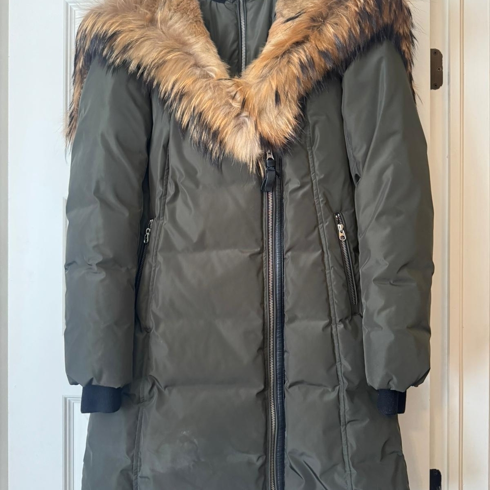 Mackage Khaki Puffer Coat with Faux Fur Collar